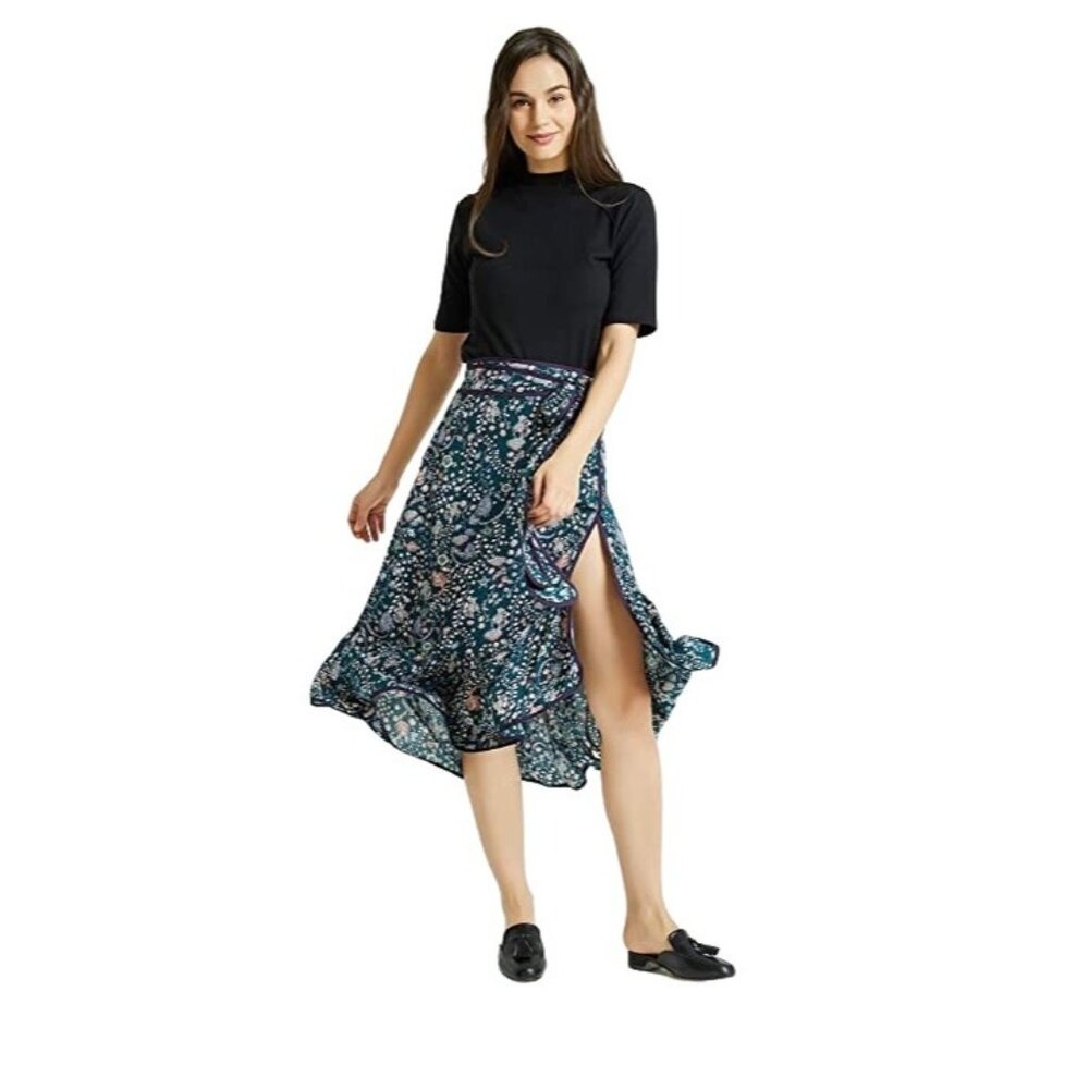 Tronjori Floral A-Line Midi Wrap Skirt Womens Small Tie Waist Boho Slit Boho NEW